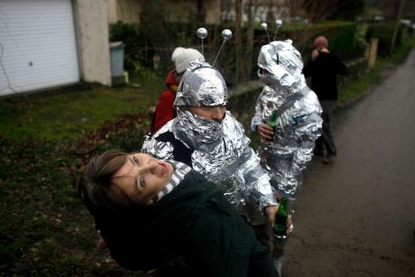 merry pranksters make light with exhausted locals in Bugarch, France for failed Mayan 2012 alien rescue thing