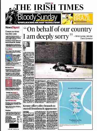 Click on image to see full-sized version "On behalf of our country I am deeply sorry" - David Cameron - Irish times front page